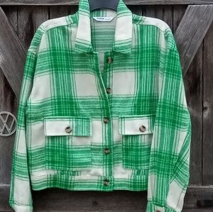 NWOT Sonoma Cropped Shacket, Green/Ivory, L